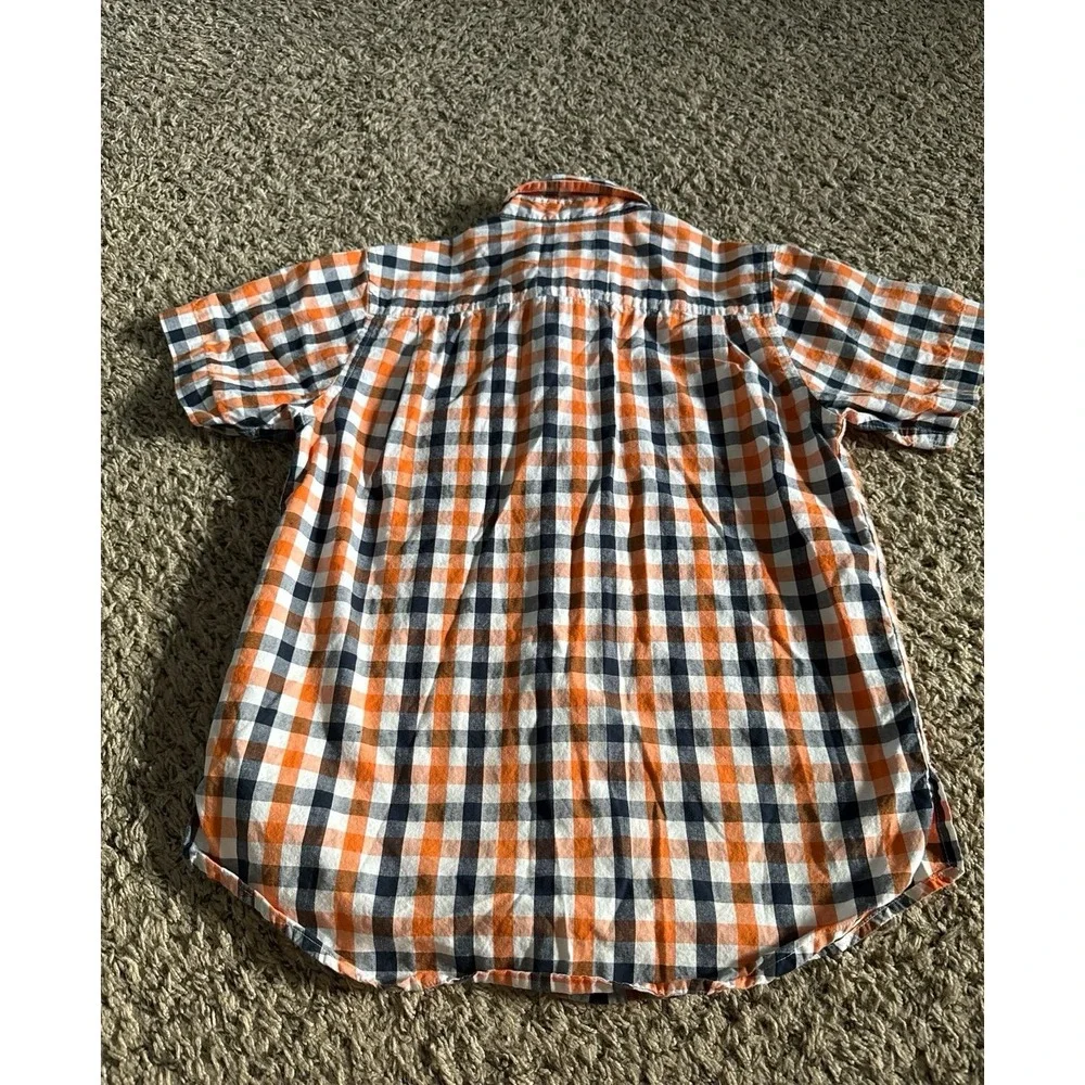 Place Boys White Orange Navy Blue Plaid Short Sleeve Button Down Size 7/8